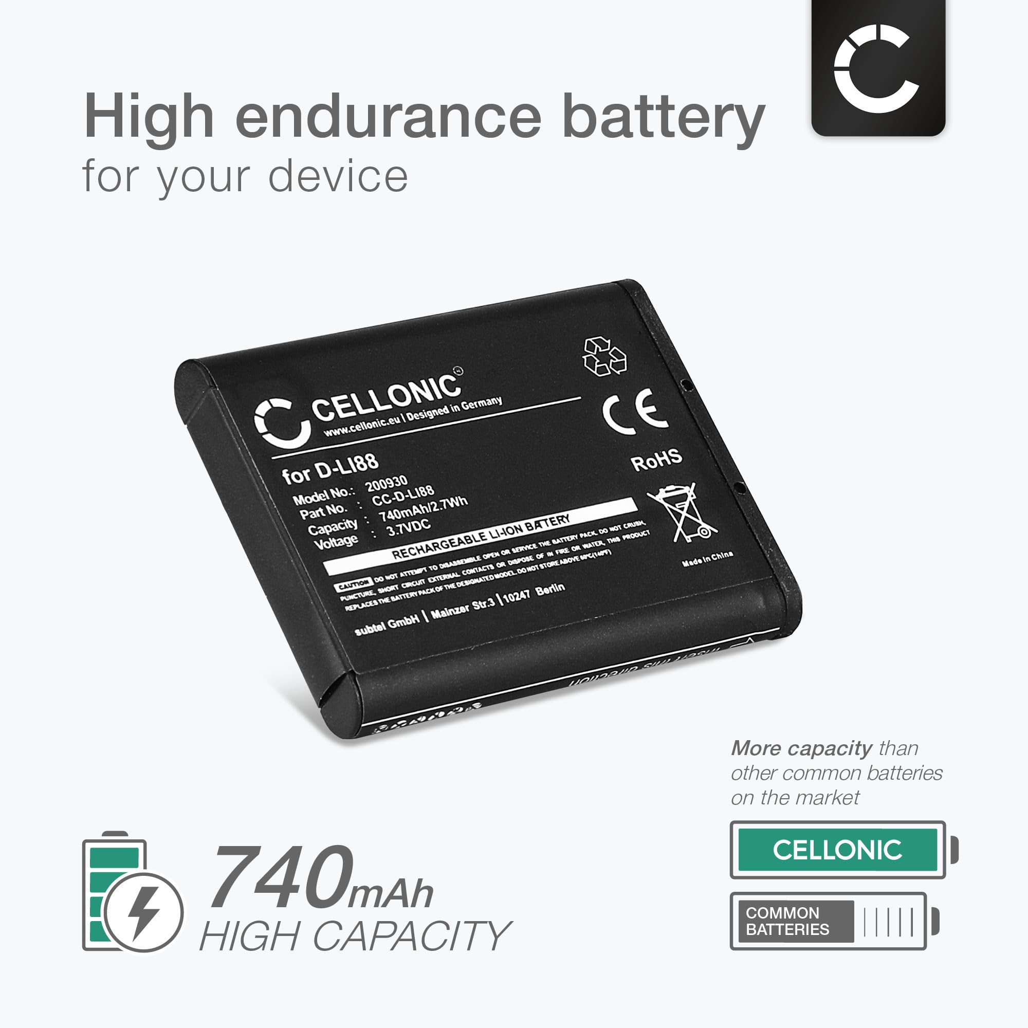 CELLONIC, Batteria per Fotocamera compatibile con Pentax D-LI88, Optio P70, H90, RS1000, W90, P80 (3.7V, 740mAh) 2 Pezzi