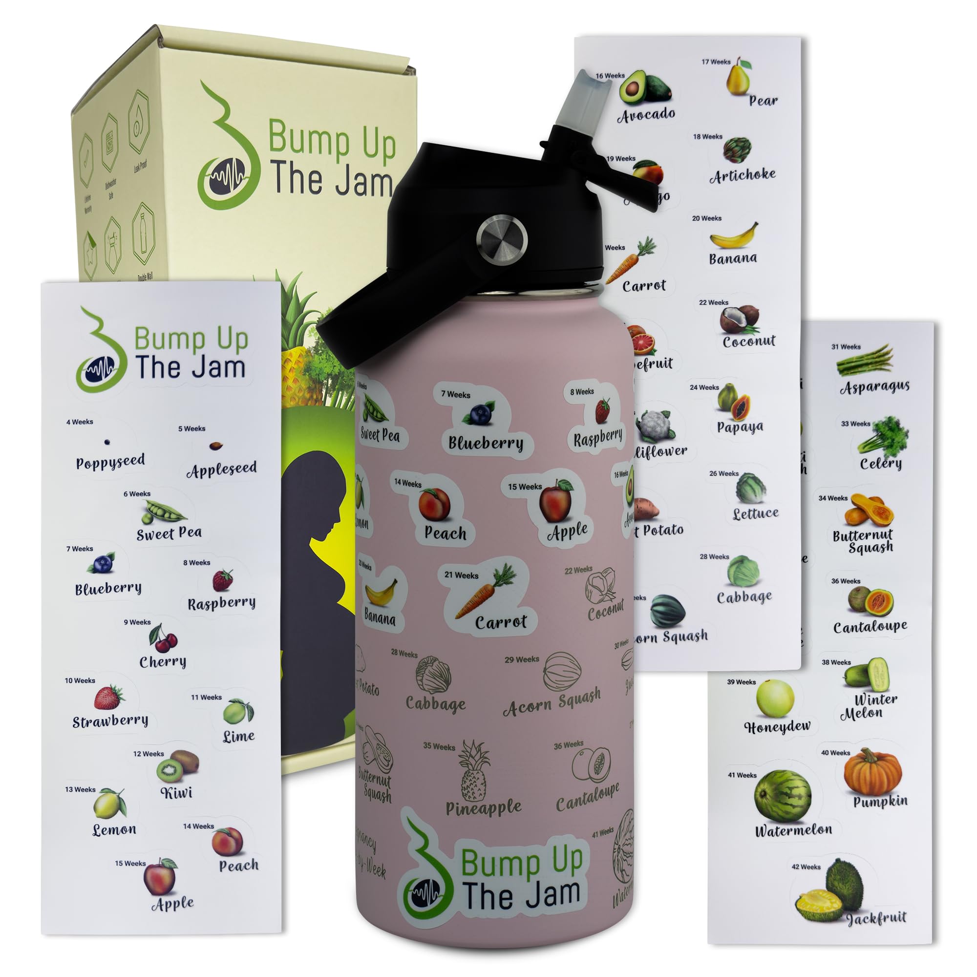 Bump Up The Jam Pregnancy Water Bottle with fruit stickers