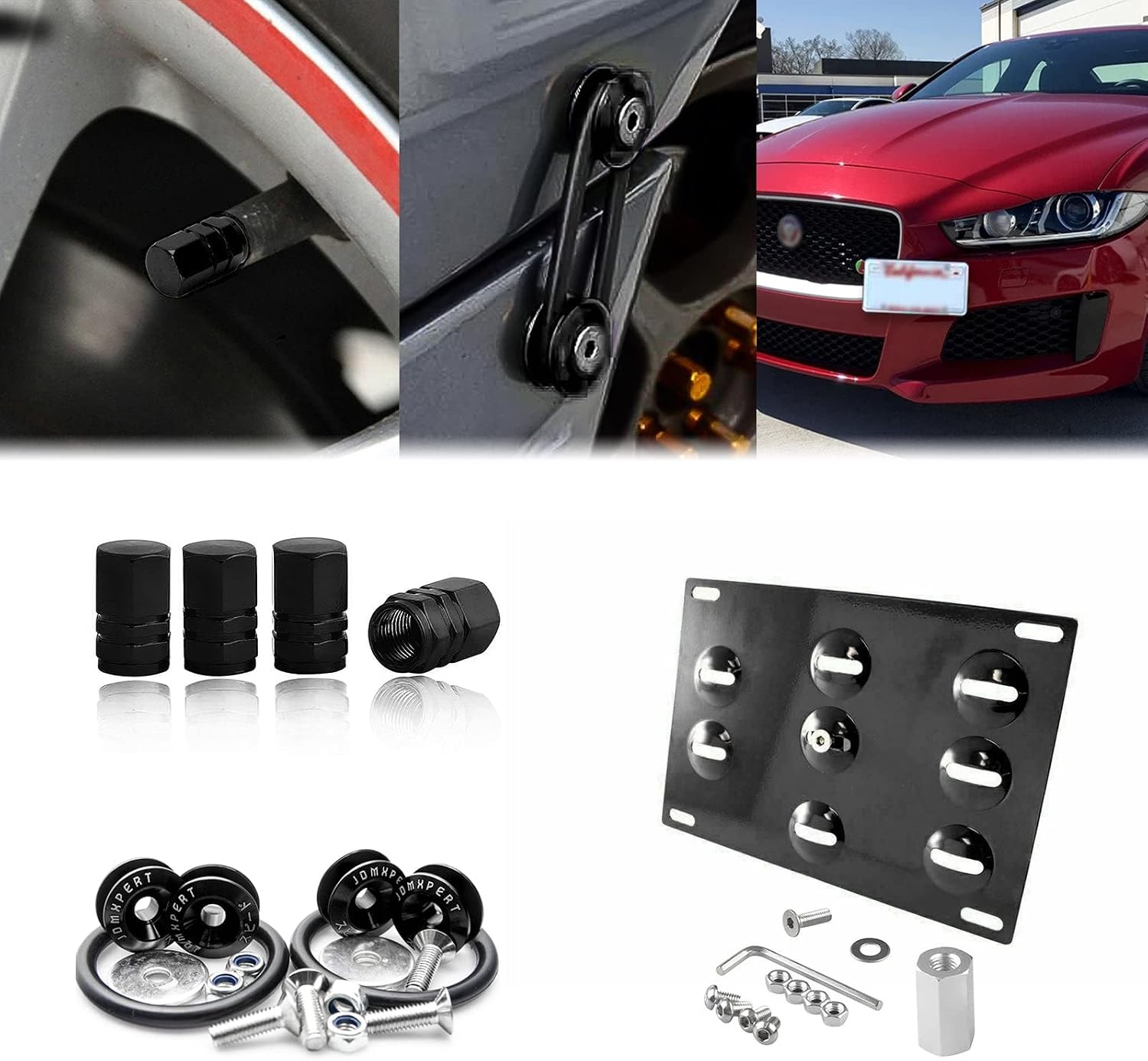 x xotic tech Set Aluminum Tow Hook License Plate + Wheel Stems Air Valve Caps + Release Fastener Compatible with Jaguar XF 2009-2020 & Jaguar XE 2017-2020(Red)