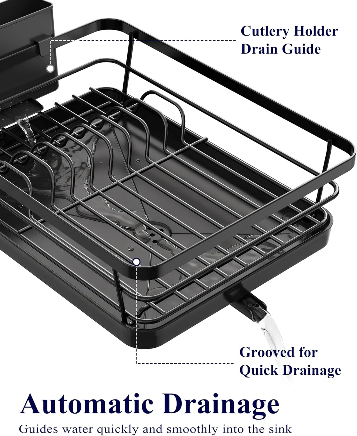 Kitsure Dish Drying Rack for Kitchen Counter, Stainless Steel Sink Organization and Storage Essentials with Cutlery Holder, Home and Appartment Decor, 12''W x 15.5''L, Black - Image 3
