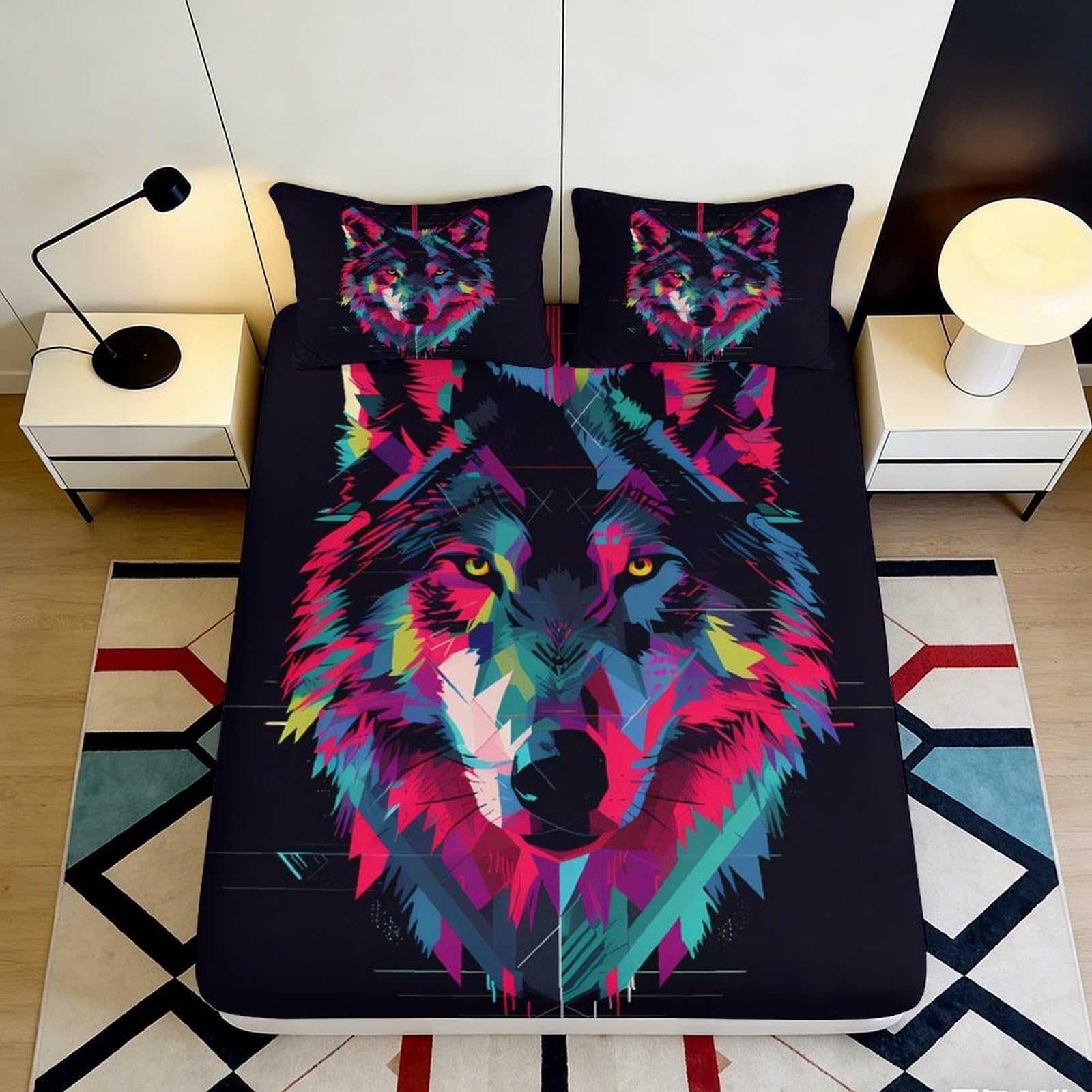 3D Printed Colorful Wolf Fitted Sheet Microfiber Soft Breathable Neon Wolf Mattress Cover for Bedroom Dorm Decor 90x200x25cm