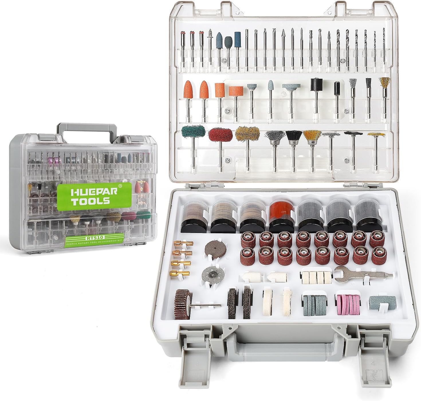 Huepar Tools 510-Piece Rotary Tool Accessories Kit, 1/8 inch (3.2mm) Diameter Shanks, Universal Accessories Bits for Easy Cutting, Sanding, Grinding, Carving, Polishing, Drilling and Engraving