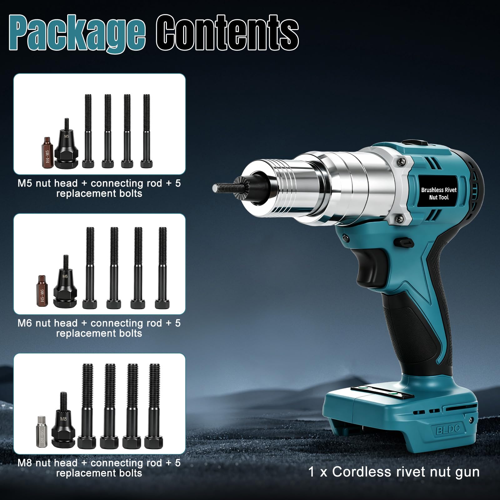Remachadora Compatible con Makita 18V, Eléctrica Automática para Tuercas Remachables, Pistola Remachadora con Motor Brushless y Boquillas M5 M6 M8 (Sin Batería ni Cargador)