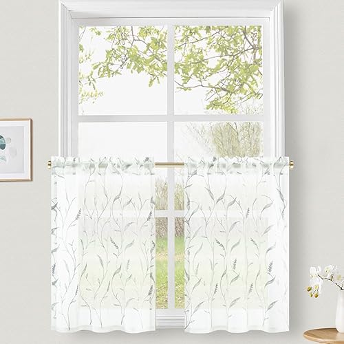 Miniatura 10 de VOGOL Cortinas bordadas para sala de estar, cenefas de granja para ventana de cocina, cortina blanca transparente para ventanas pequeñas, bolsillo