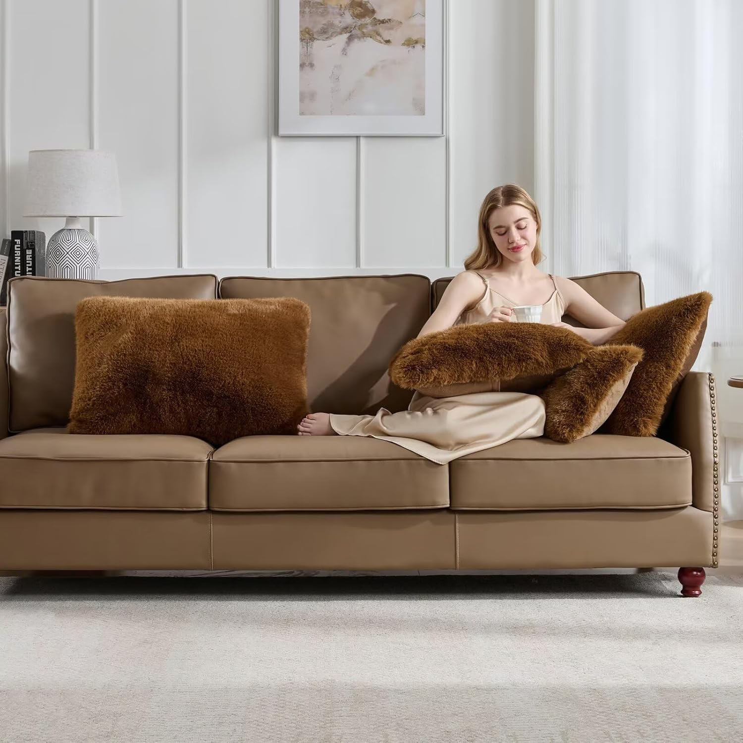 Decorative Throw Pillow Cover 12x20 Inch Set of 2,Super Soft Luxury Fluffy Fox Fur Pillowcase for Couch Sofa Bedroom Living Room Cushion Covers-Brown