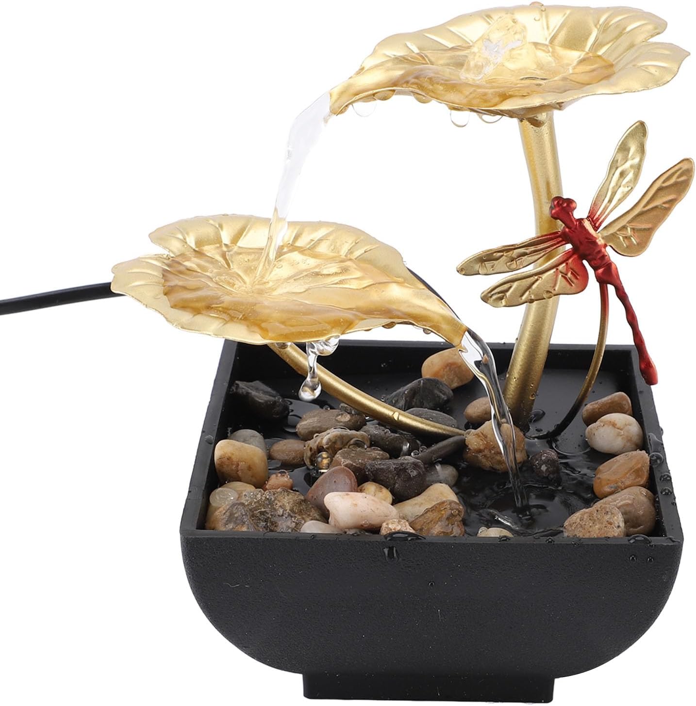 Generic Desktop Water Fountain, Lotus Leaf Dragonfly Shaped USB LED Lighted Waterfall Decoration with Stones, Zen Relaxation Indoor Tabletop Fountain Mini Waterfall for Office Bedroom