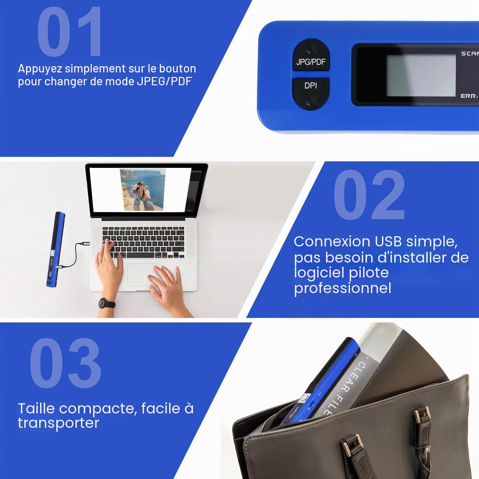 Scanner de Documents Portable AOZBZ Scanners d'images USB 900DPI Scanners de Photos Couleur A4 Numérisation (Carte 16GTF), Bleu (Scanner + Carte 16GTF)
