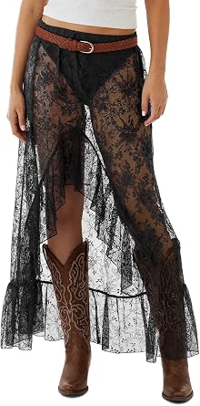 Cicy Bell Women Lace Maxi Skirt Summer High Low غير متناظرة Sheer Y2K Sexy Beach Cover Up Long Skirts