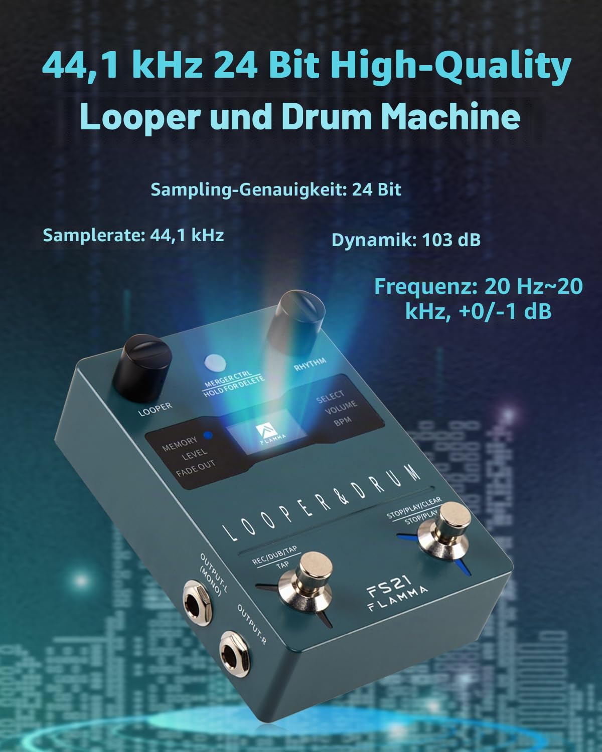 FLAMMA FS21 Stereo Gitarren-Looper-Pedal & Drum-Machine 2-in-1 mit 160 Minuten Loop-Aufnahmekapazität 100 Schlagzeug-Grooves 10 Metronom-Unterstützung Software-Bearbeitung