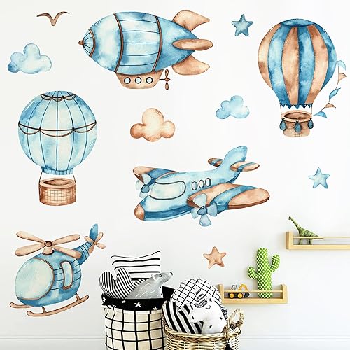 Buiory Remoable Hot Air Balloon Airplane Wall Decals DIY Peel and Stick Stars Clouds Vinyl Wall Stickers Cartoon Nursery Wall Art Stickers for Kids Baby Bedroom Decor