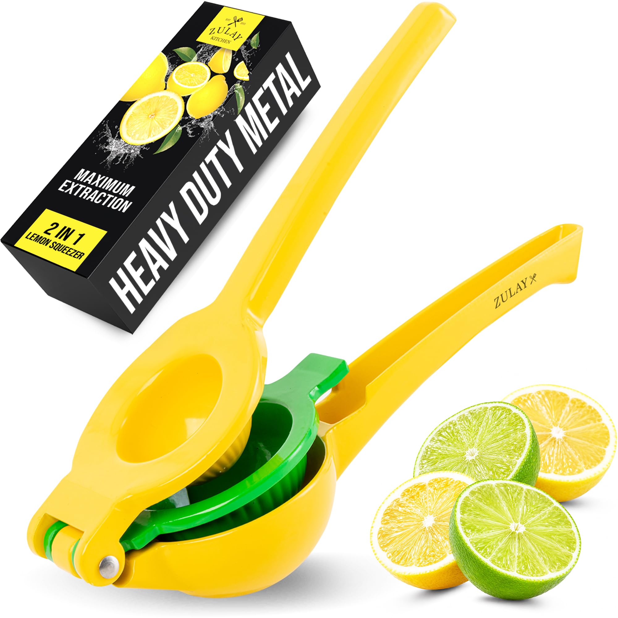 Zulay Metal 2-In-1 Lemon Squeezer Manual - Sturdy, Max Extraction Hand Juicer Lemon Squeezer Gets Every Last Drop - Easy to Clean &amp; Use Citrus Juicer-Yellow/Green