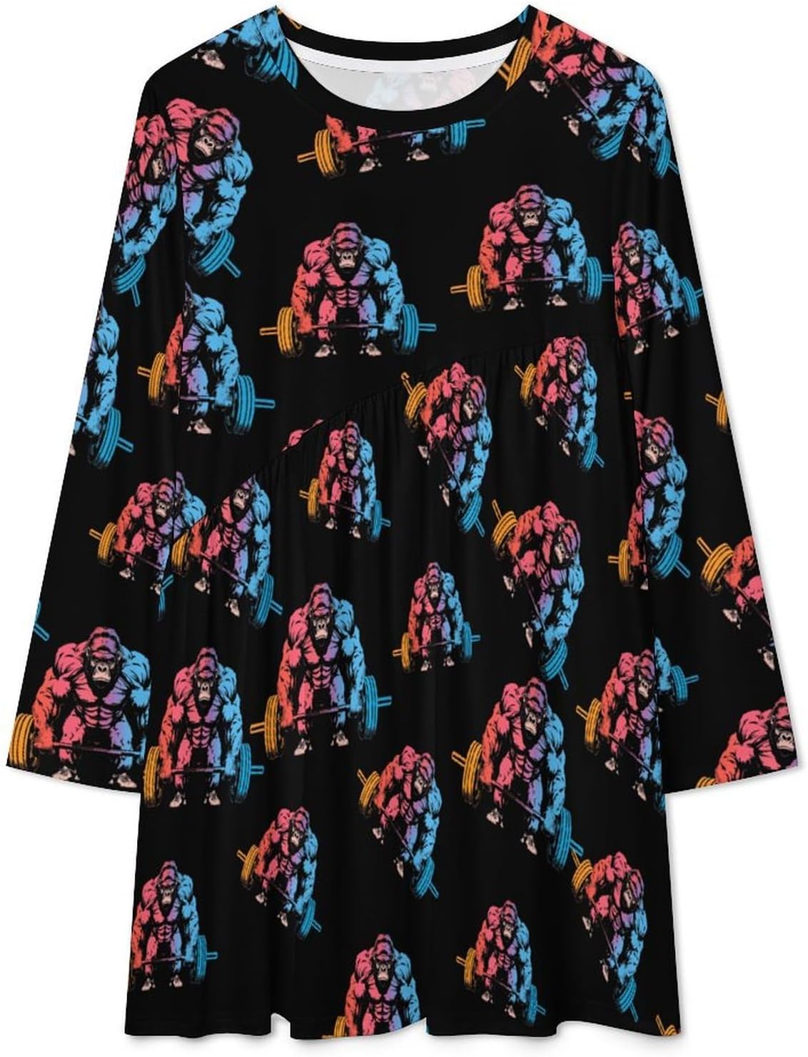 Funny Bodybuilder Gorilla Women's Fleece Sleeve Sweatshirt Dress Long Pullover Casual Dresses