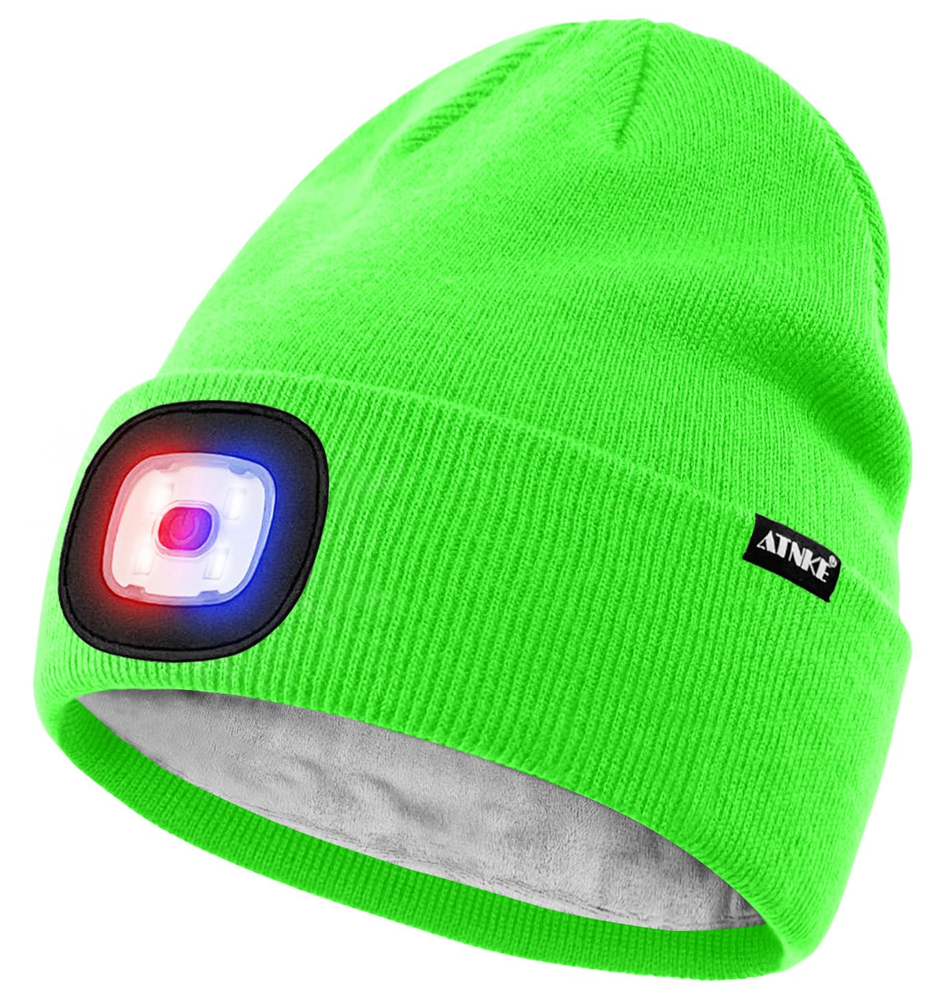 ATNKE LED Lighted Beanie Hat,USB Rechargeable 4 LED Red and Blue Flashed Run Headlamp Lined Fleece Cap for Men and Women/#Fluorescent Green