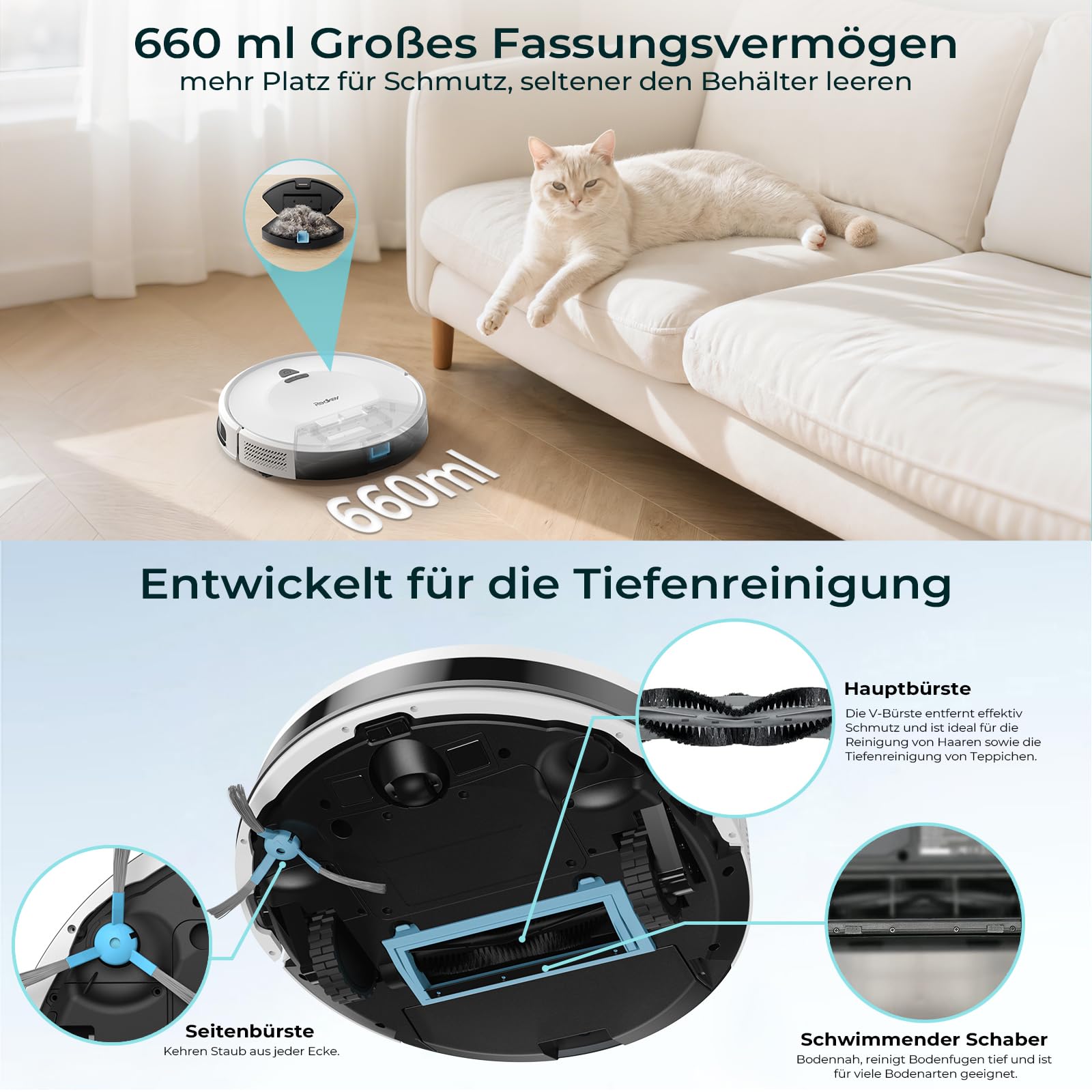 Redkey E6 Saugroboter mit 7000 Pa Saugkraft, Dynamische Navigation, Bis zu 170 Min Laufzeit, Roboterstaubsauger mit Ladestation, Fernbedienung und APP, Ideal für Tierhaare,Teppich,Hartboden
