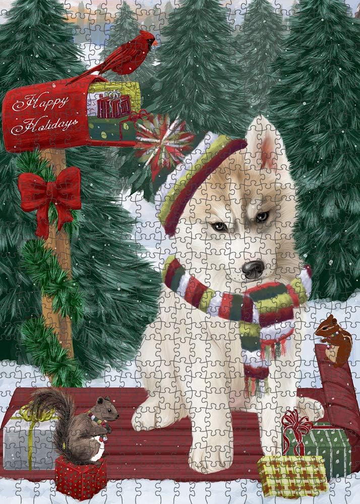 Merry Christmas Woodland Sled Siberian Husky Dog Jigsaw Puzzle for Adults - Animal Printed Interlocking Puzzle Game Artwork - Gift for Dog Lover's -1000 Pcs 29.5"x19.7", PZLE61066