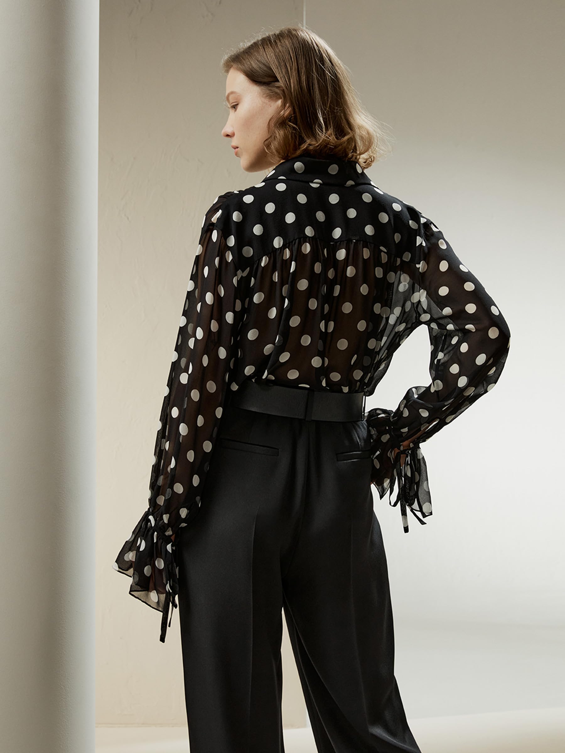 LilySilk Damen Seidenhemd Frauen weiße Dot Print Bluse mit Schleifen Ärmeln und Rüschen Knopfleiste am Knopfverschluss leicht und glatt