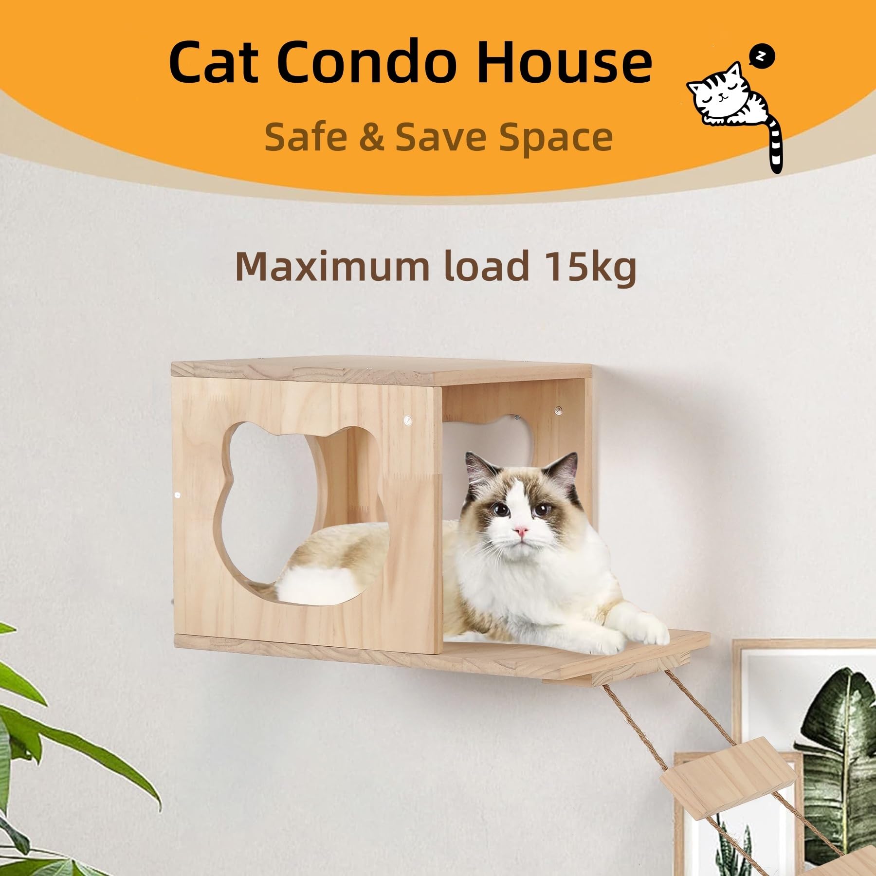 Parco da arrampicata per gatti XXL, 4 pezzi in legno con cuccia per gatti, ponte sospeso, scale e colonna in sisal, mobili da parete per gatti domestici