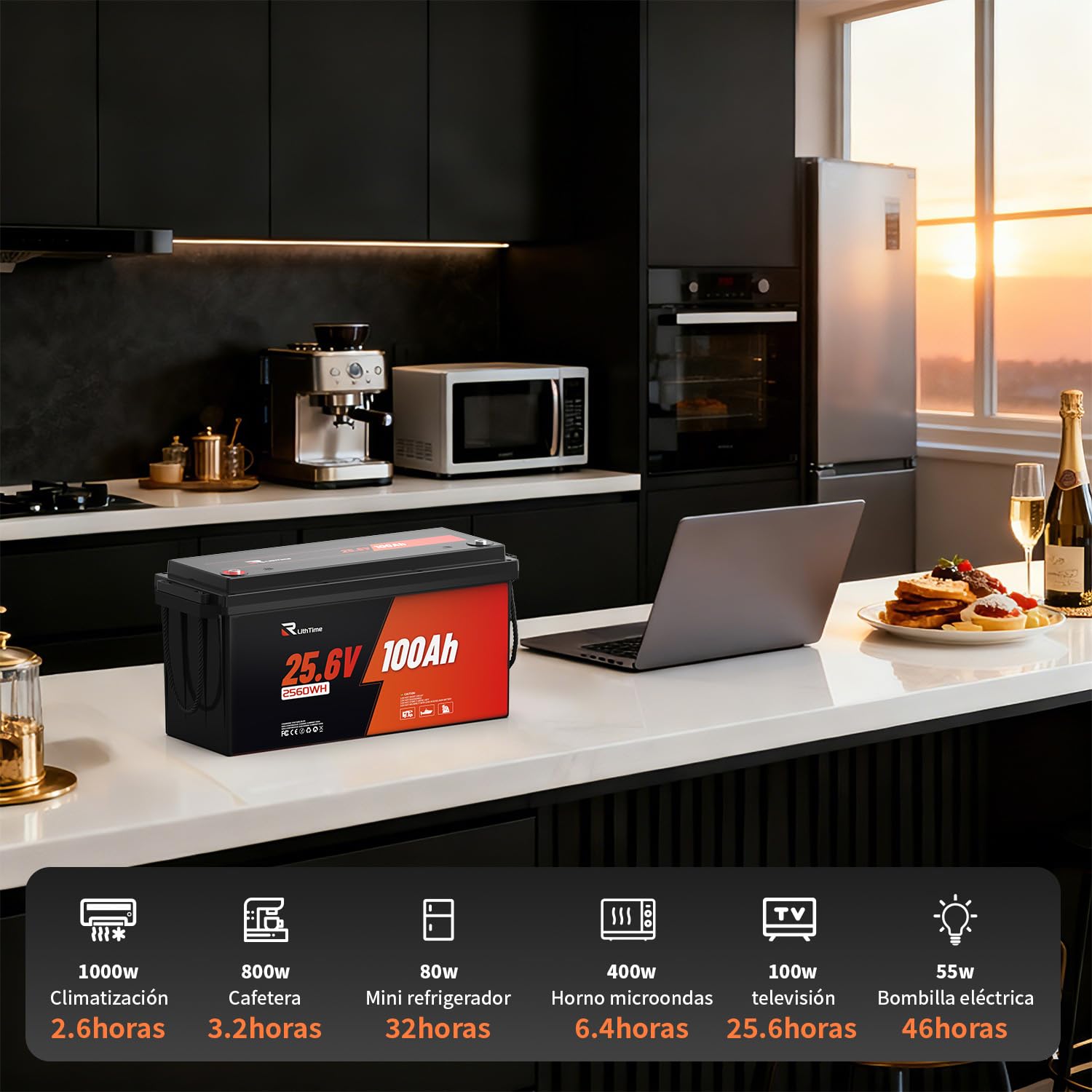 Batería 24V Lifepo4, Bateria Litio 100Ah con 98% Eficiencia Celdas Grado A BMS 100A IP65 4500-16000 Ciclos Profundos para Aplicaciones Solares y Marinas