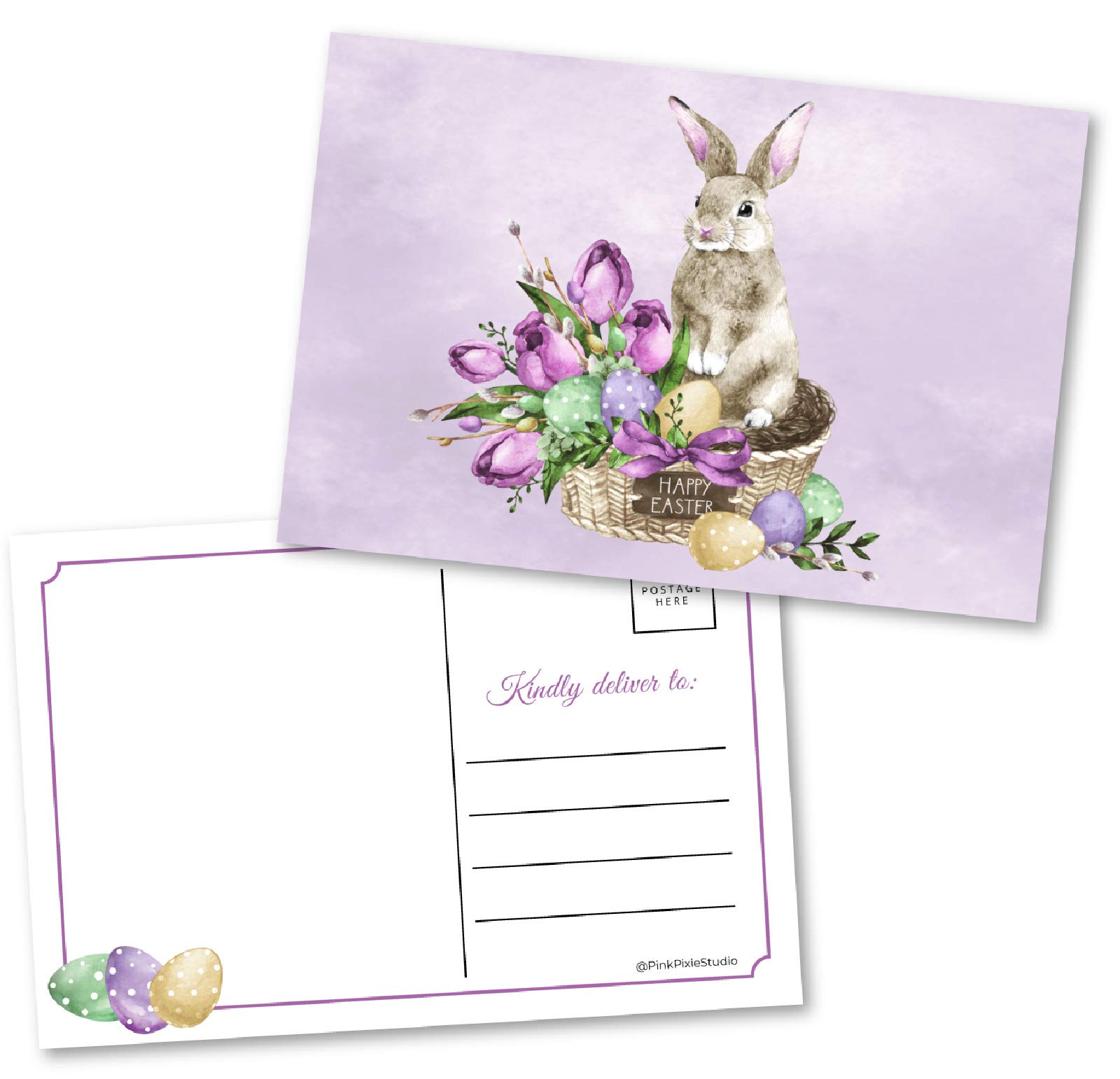 Pink Pixie Studio50 Easter Eggs & Bunny in Basket Postcards 4" x 6"- Bulk Card Set for Family, Teachers, Kids, Friends, Church, Business