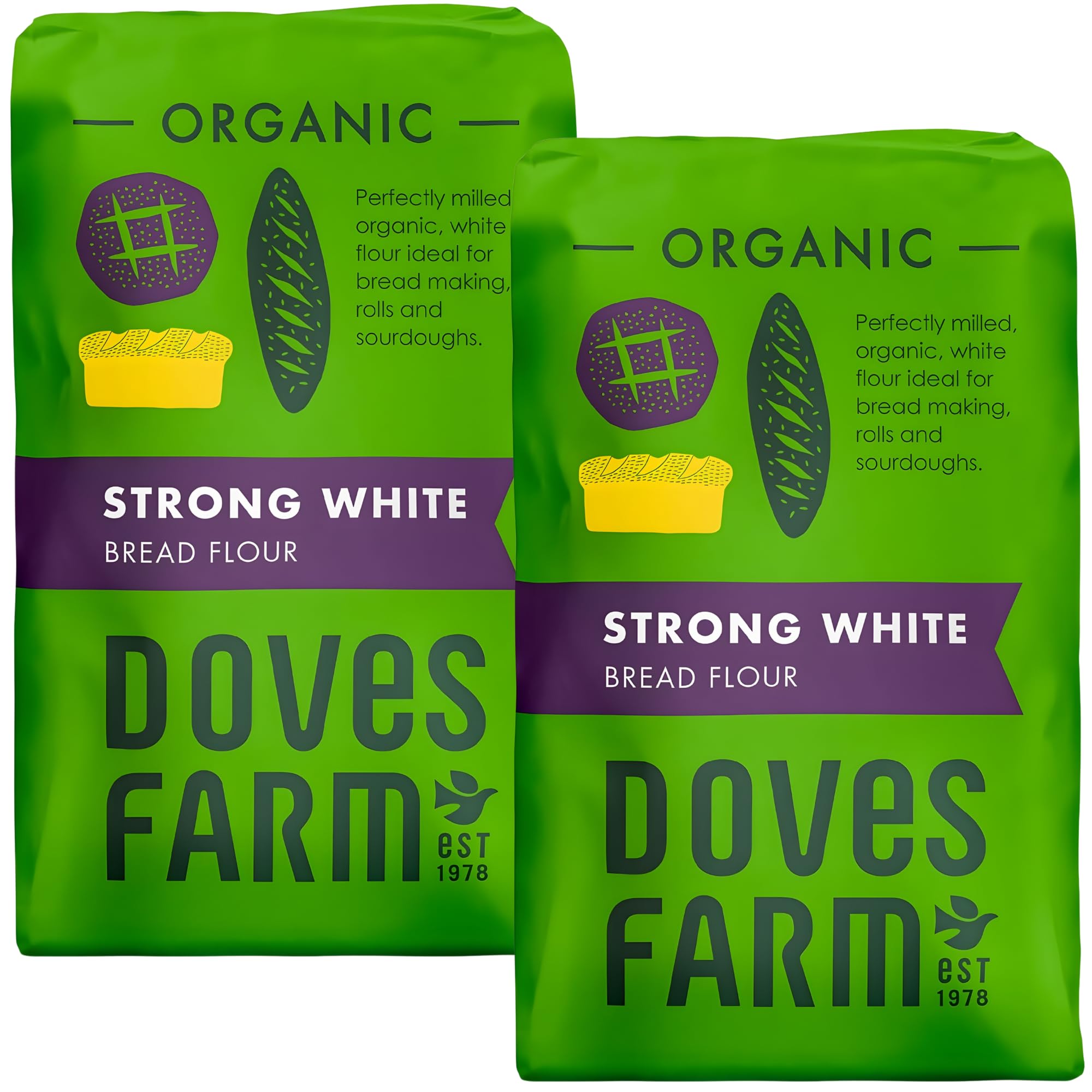 Doves Farm Organic Strong White Bread Flour 3.3 lb / 1.5 kg (Pack of 2) - High Protein British Baking Flour for Bread, Rolls and Sourdoughs | Kosher Certified & Vegan Friendly | Authentic UK Import