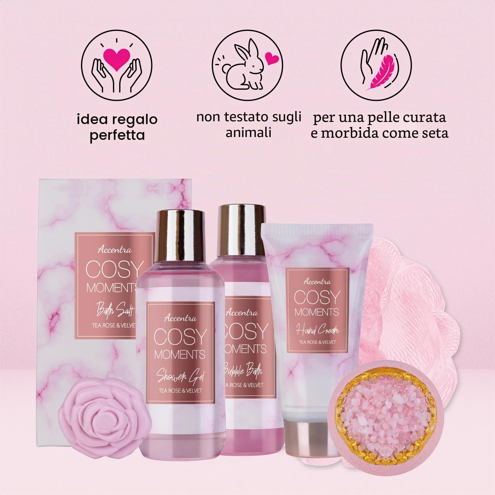 Accentra - COSY MOMENTS Set da bagno e doccia in rosa – Set regalo per il relax delle donne per il compleanno o San Valentino – Set regalo e cura del benessere con mini vasca decorativa
