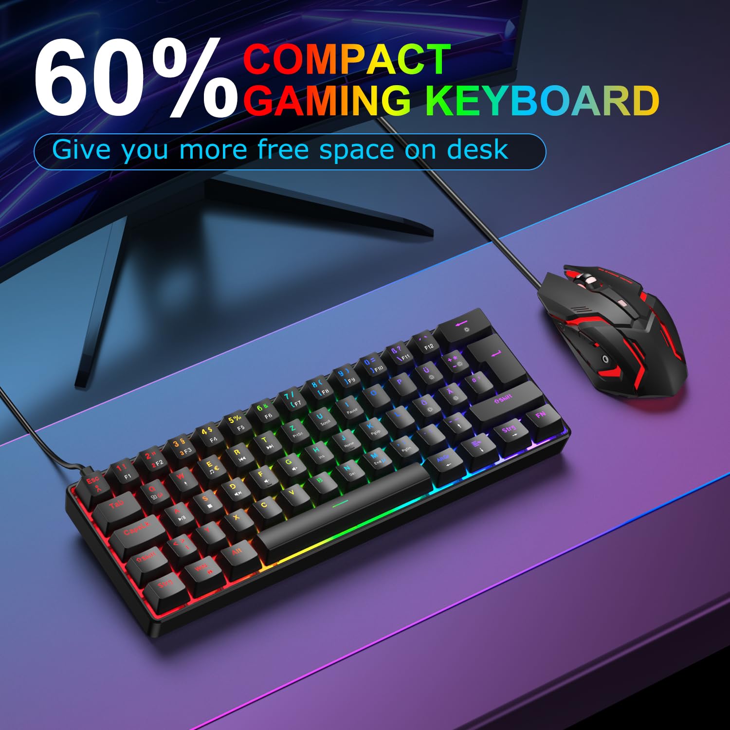 Set tastiera e mouse da gioco, 60% QWERTZ Layout Mini tastiera meccanica con illuminazione RGB, switch rossi, cavo USB-C, mouse da gioco a LED, set compatto per PC Mac Xbox PS5