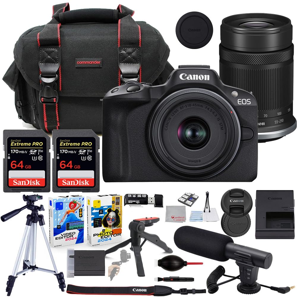 Canon EOS R50 Mirrorless Camera with 18-45mm & 55-210mm Lens Bundle with Commander Gear Bag + Microphone + 2X 64GB Extreme Memory Cards + Accessory