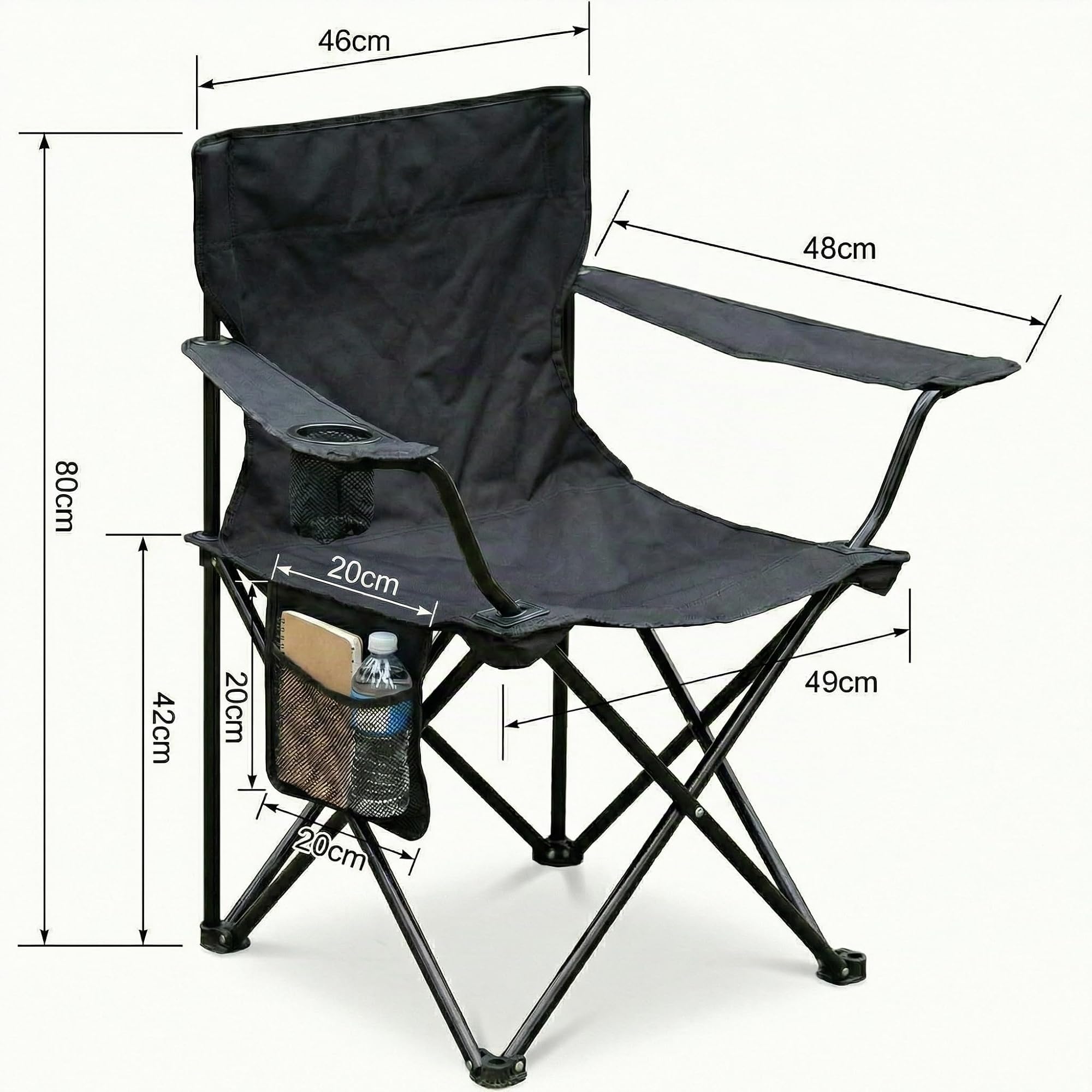 Silla Plegable de Camping con Respaldo y Reposabrazos 48x49x80 cm, Portavasos y Bolsillo, Ultraligera Portátil para Playa, Pesca, Jardín y Excursiones – Incluye Bolsa (Negro, Pack de 2)