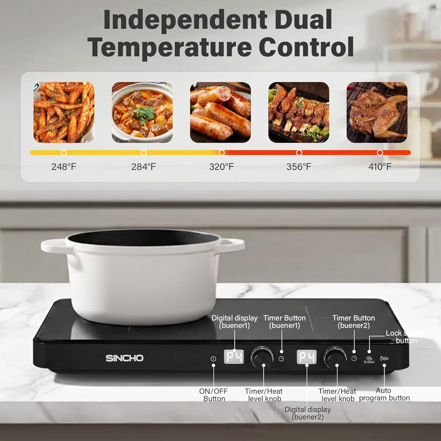 SINCHO 2-Burner Induction Cooktop with Removable Griddle, 1800W Portable Induction Stove, Non-Stick Surface, 9 Power Levels & 99-Min Timer