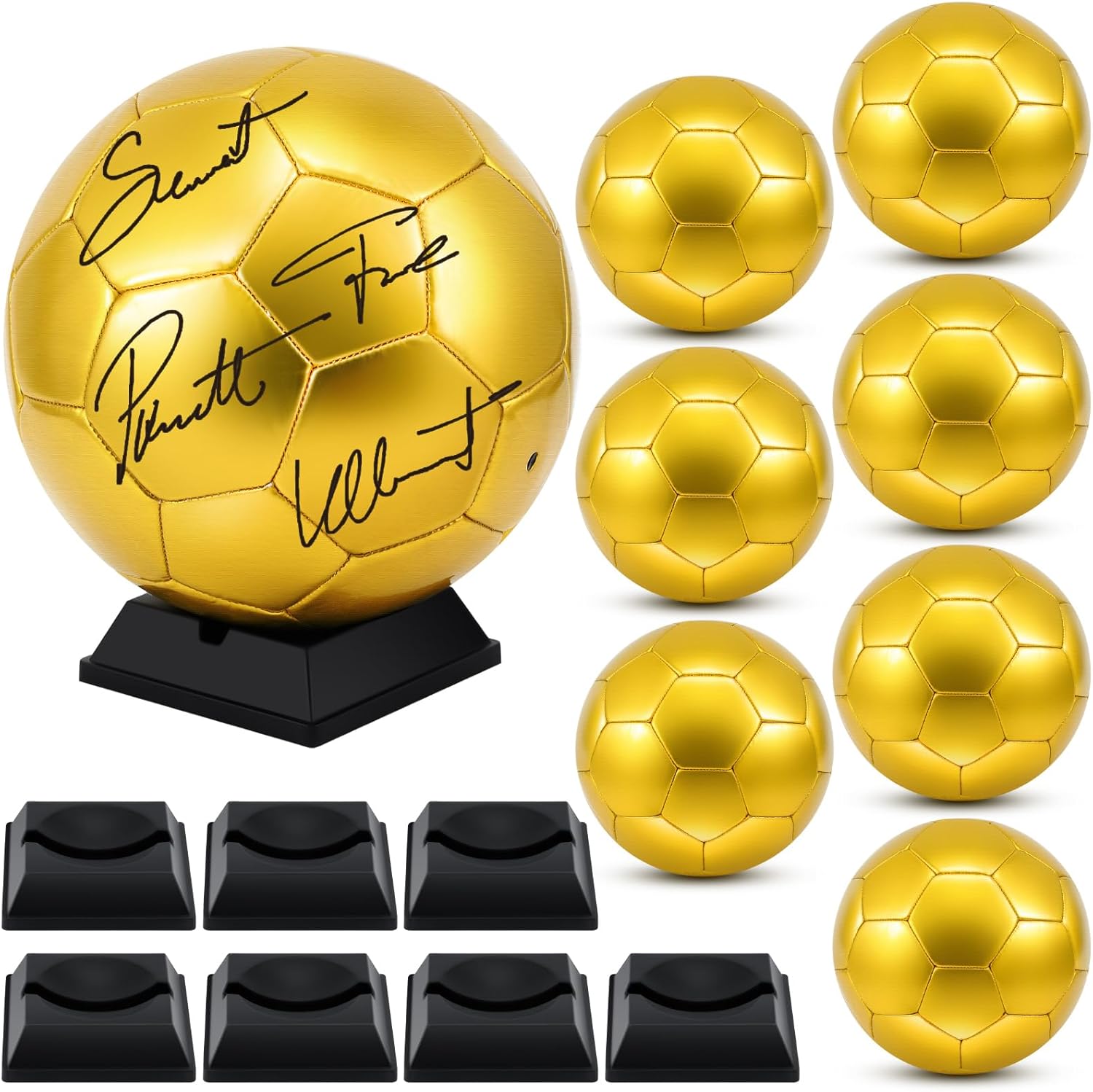 Hiboom Gold Soccer Ball Autograph Football with Display Stand Air Pump for Trophies Anniversary High School College Coaching Gift Awards Championship Party
