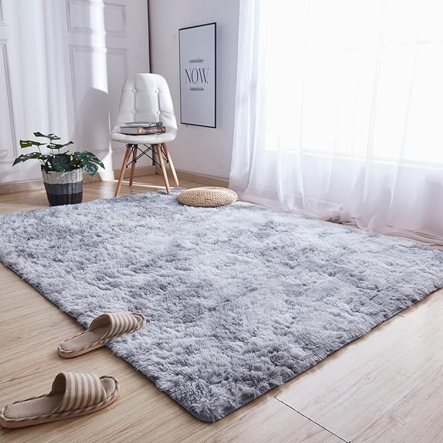 ADMEE Area Rug for Bedroom Living Room, Fluffy Faux Fur Bedside Rug, Light Grey Anti-Slip Washable Rug, Modern Tie-Dye Indoor Home Decor, Soft Floor Mat, 80×160 cm(2.6 x 5.2 ft)