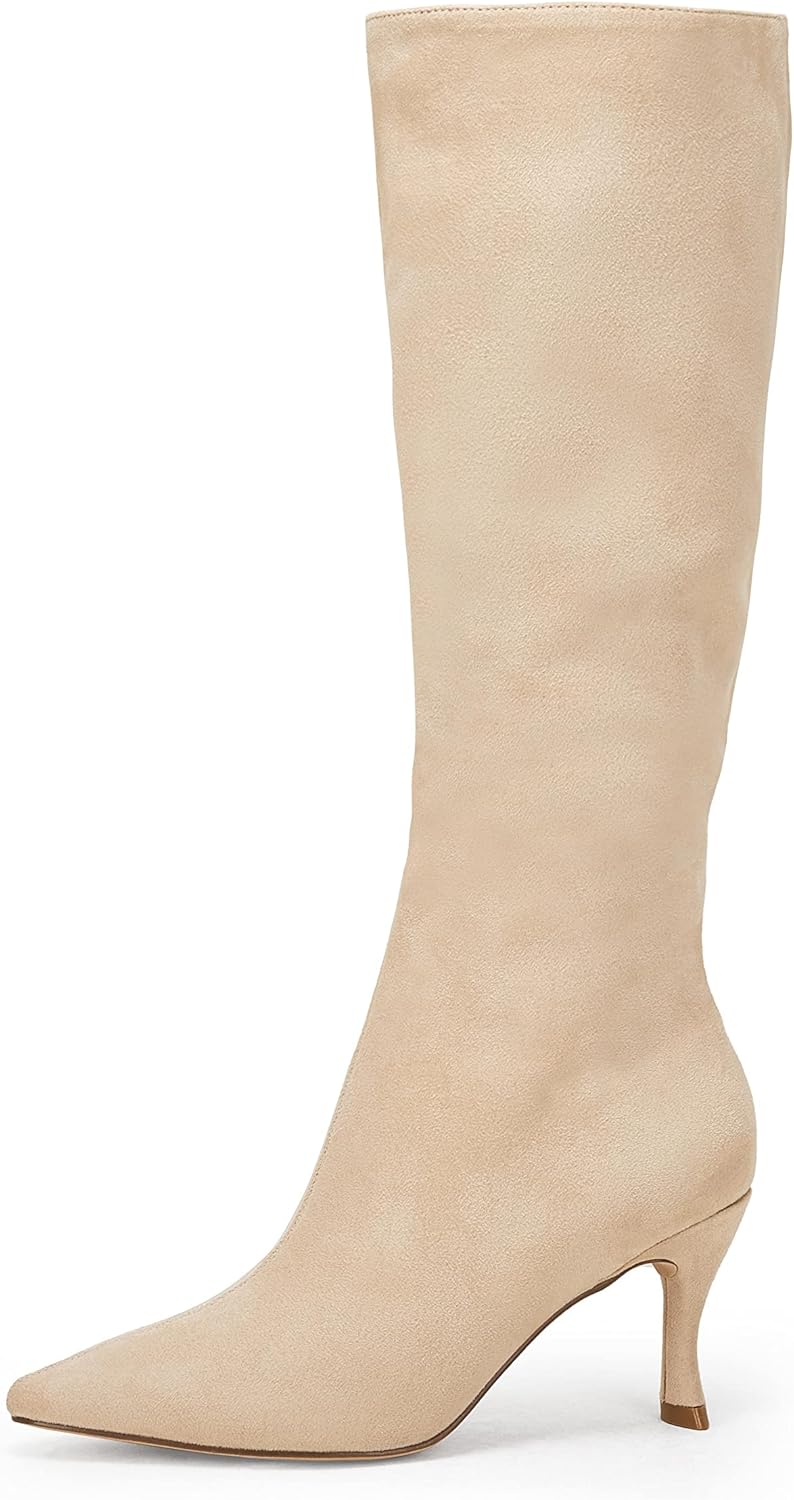 Coutgo Womens Knee High Boots Pointed Toe Kitten Heel Side Zipper Stretchy Vegan Suede Comfort Fall Winter Boot