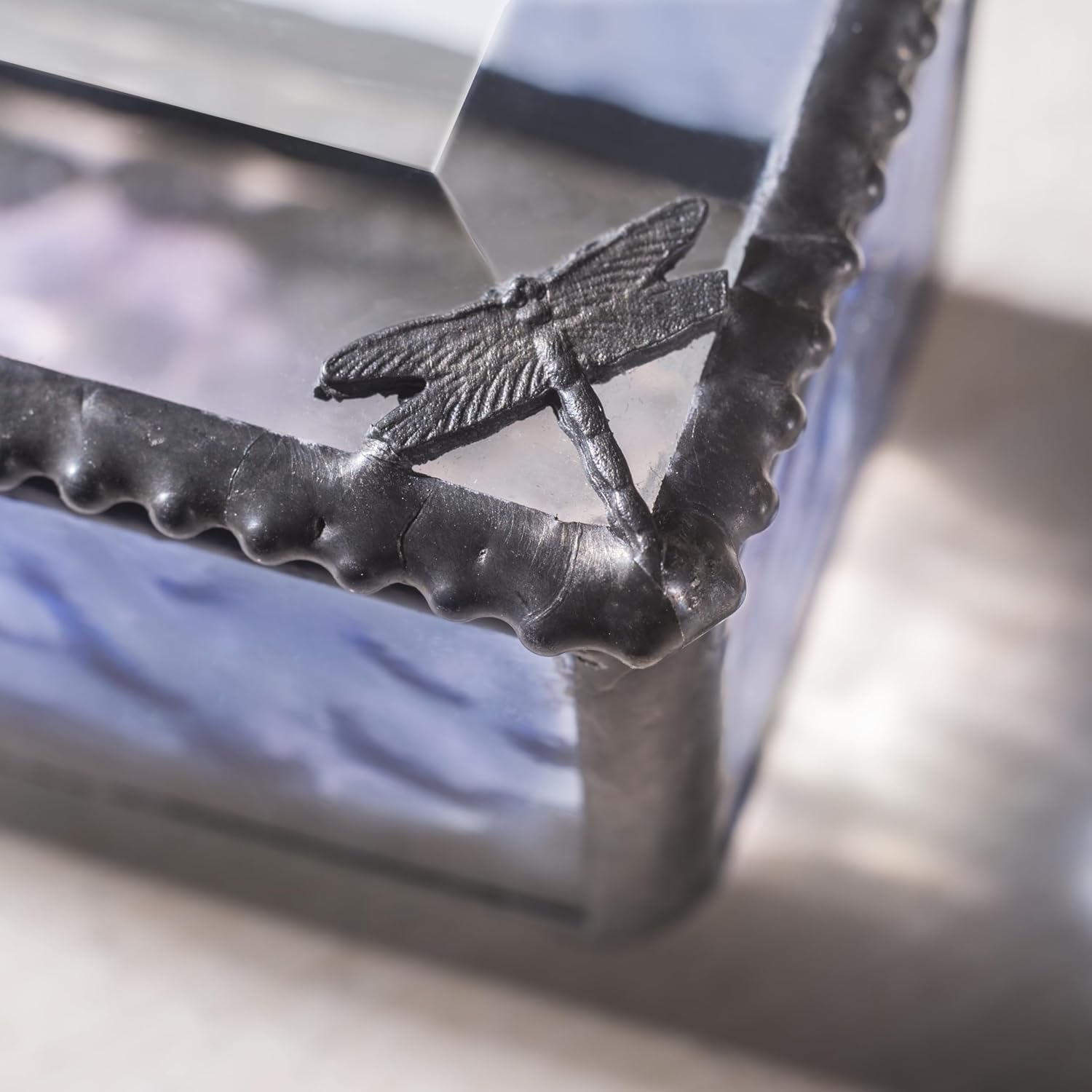 J Devlin Small Stained Glass Blue Glass Jewelry Box with Dragonfly Filigree - Box 923