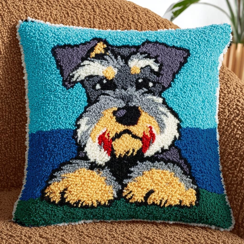 Henypt Latch Hook Cushion Kit 43x43cm,Schnauzer Dog Beginner Friendly Needlecraft Set,Adult Craft Hobby kit,Easy Latch Hook for Home Decor,