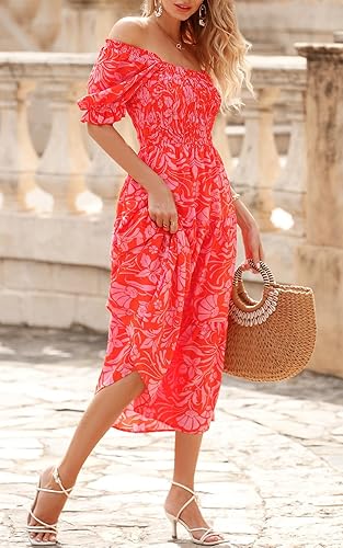 Miniatura 4 de PRETTYGARDEN Vestidos de verano con estampado floral bohemio para mujer, cuello cuadrado, manga abombada, acampanado, vestido largo casual fruncido