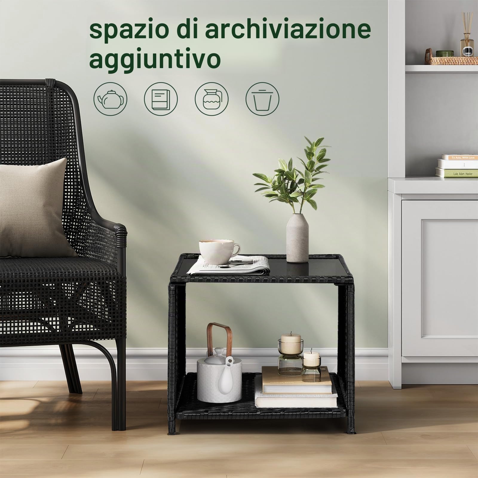 WOLTU Tavolo da Giardino in Polyrattan, 45x40x45cm, Nero | Tavolino con Piano in Vetro a Vano Aperto, Tavolo da Esterno Resistente alle Intemperie, Salotto da Giardino Esterno