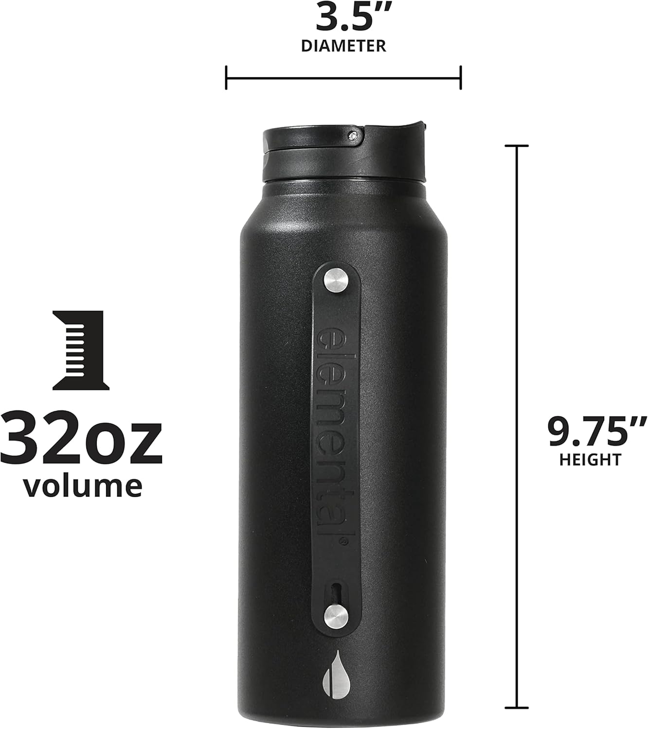 Elemental Iconic Stainless Steel Water Bottle with Straw - 32 oz Leak Proof Triple Wall Insulated Water Bottles for Travel and Sports - Reusable Gym Water Bottle with 2 Straws - Matte Black - Image 3