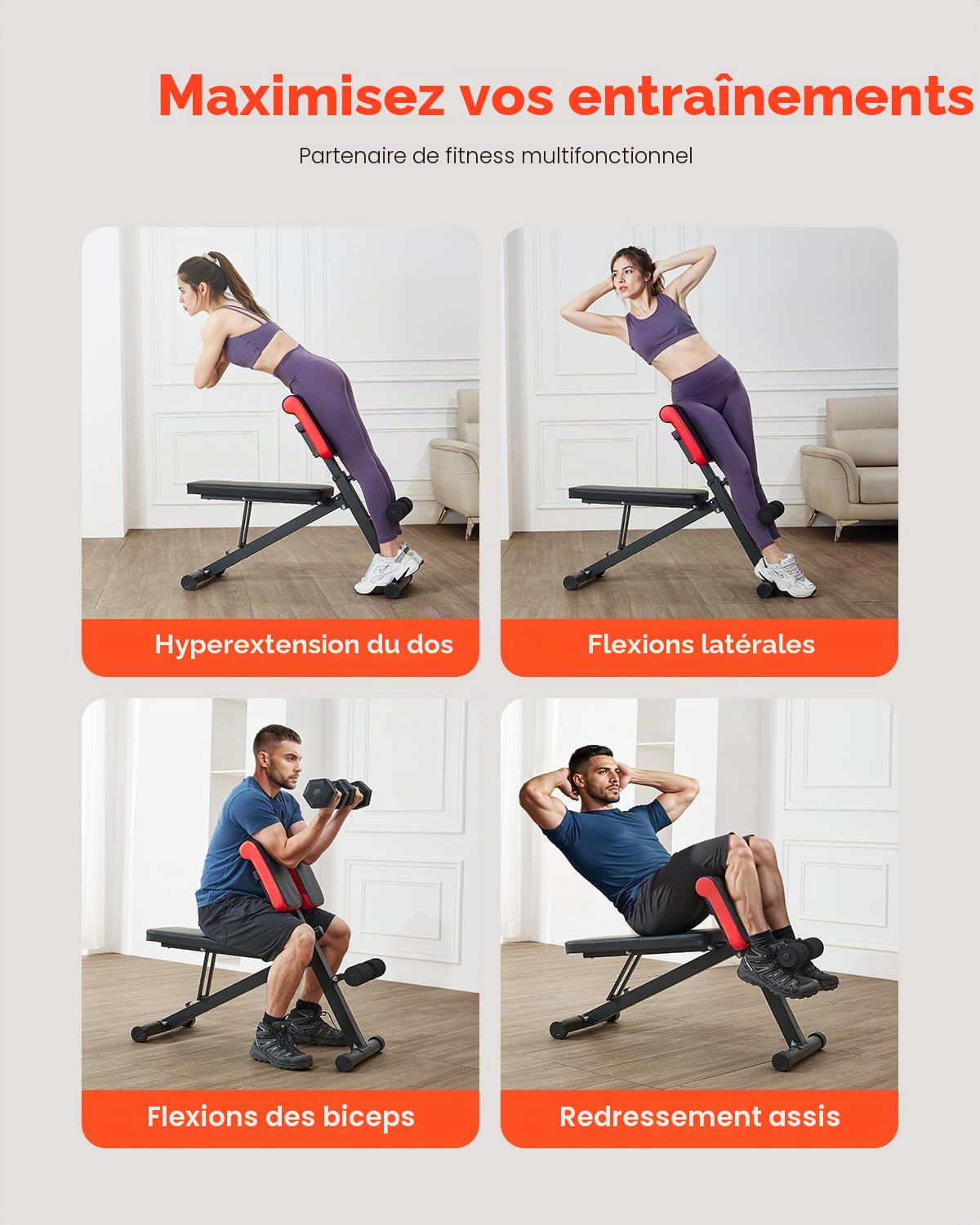 VEVOR Banc de Musculation Multifonction pour Entraînement Complet du Corps, Banc Lombaire Hyperextension Réglable et Pliable, Chaise Romaine Capacité 150 kg, Équipement pour Fitness Dos Bras Abdomen