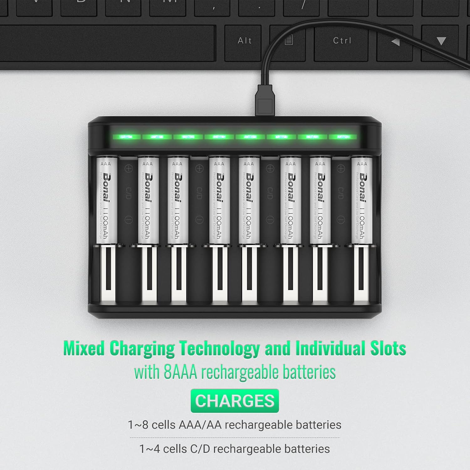 BONAI charger showing mixed charging capabilities for AA, AAA, C, and D batteries