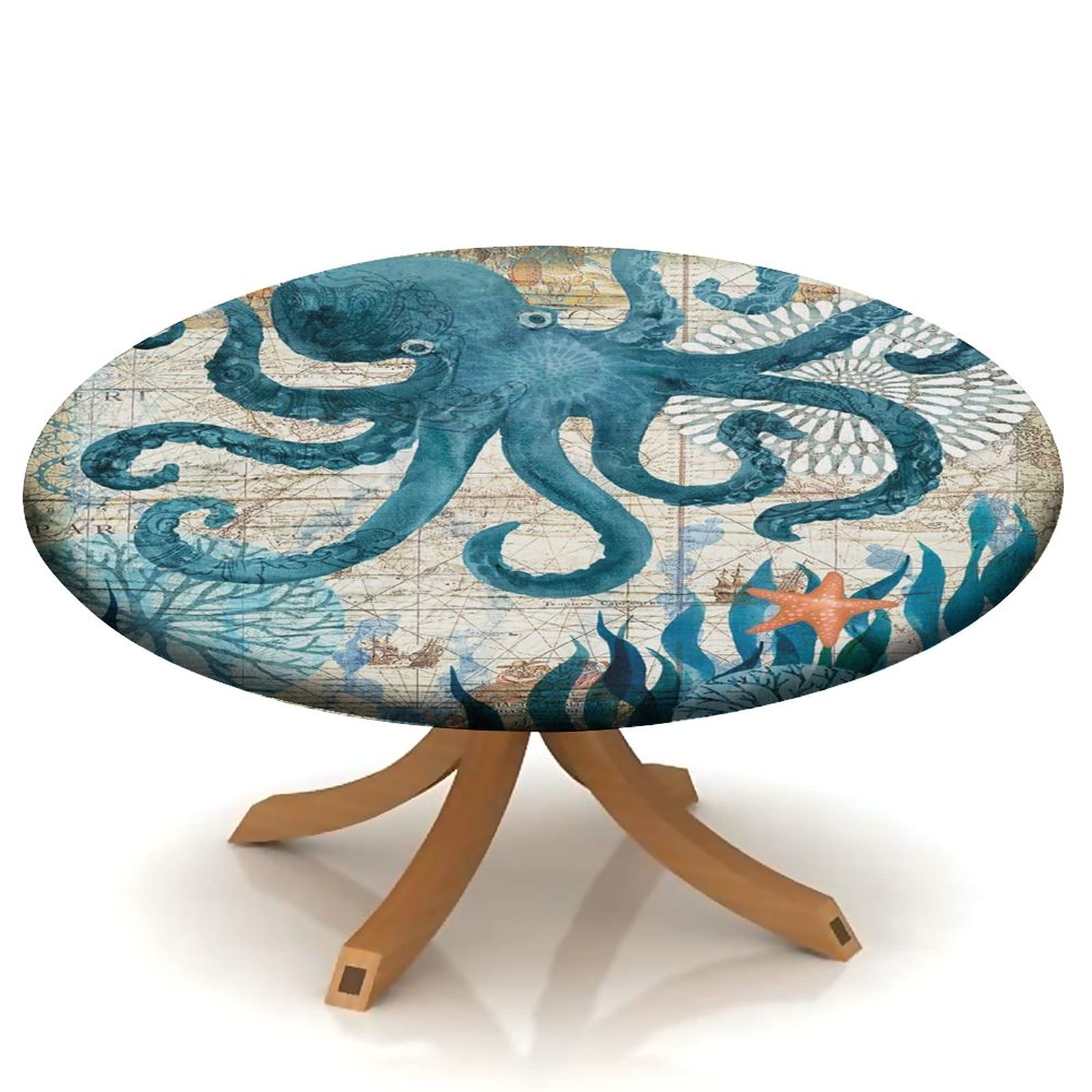 Round Fitted Tablecloth ON Vintage Nautical Chart Background, Octopus Elastic Edge Table Cover, Outdoor Wedding Party Table Decor Fits Tables 28" to 32"