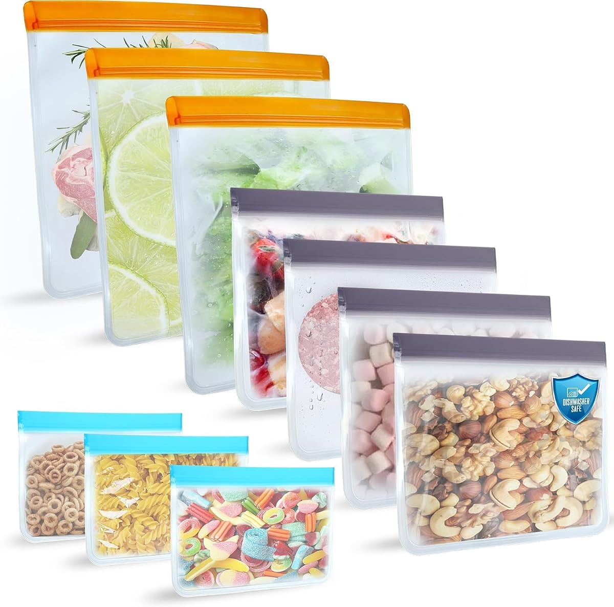 10 Pack Dishwasher Safe Reusable Bags, Leakproof Reusable Freezer Bags, BPA Free Food Storage Bags for Lunch, Marinate and Travel, 3 Gallon, 4 Sandwich, 3 Snack Bags