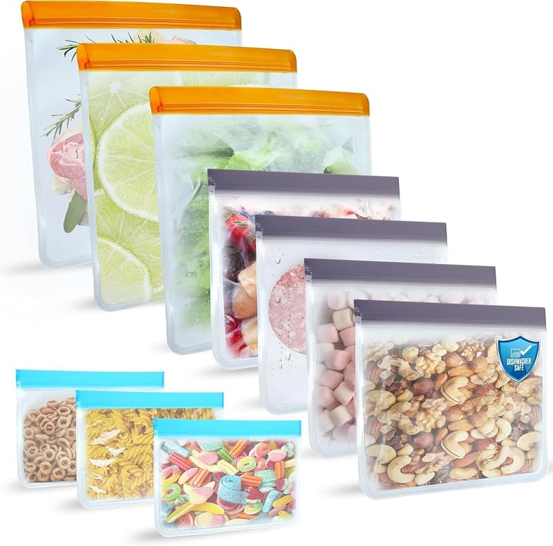 10 Pack Dishwasher Safe Reusable Bags, Leakproof Reusable Freezer Bags, BPA Free Food Storage Bags for Lunch, Marinate and Travel, 3 Gallon, 4 Sandwich, 3 Snack Bags