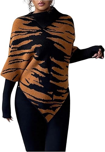 MakeMeChic Women's Zebra Striped Half Sleeve Sweater Mock Neck Asymmetrical Wint