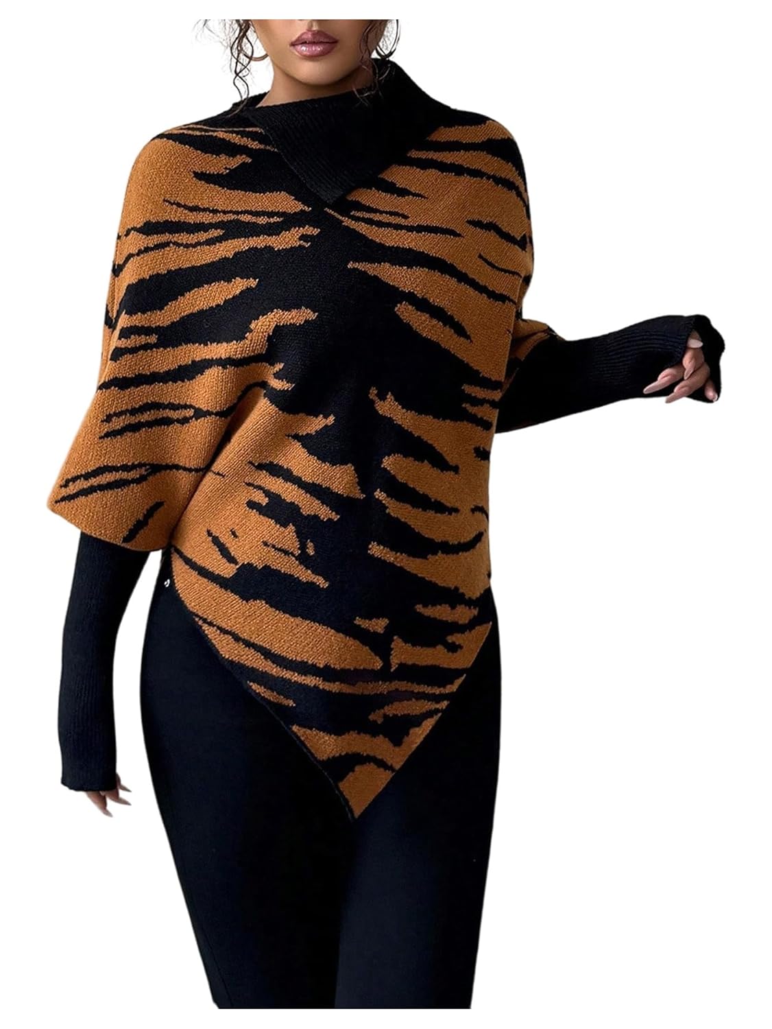 MakeMeChic Womens Zebra Striped Half Sleeve Sweater Mock Neck Asymmetrical Winter Y2K Knit Tops