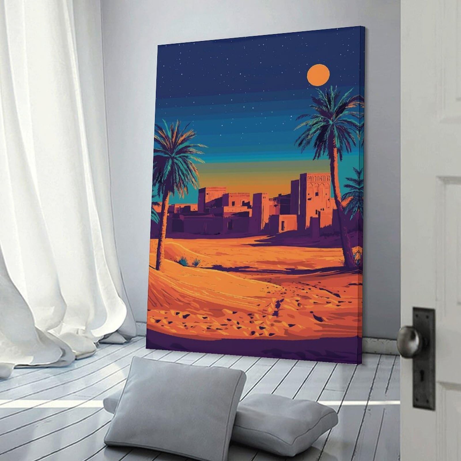 Junmoney Frame-Style-22 Desert Oasis Night Scene Illustration Decorative Wall Artwork 20X30inch(50X75cm), For Living Room, Bedroom, Office Or Hallway, Decorative Artwork With Broad Appeal