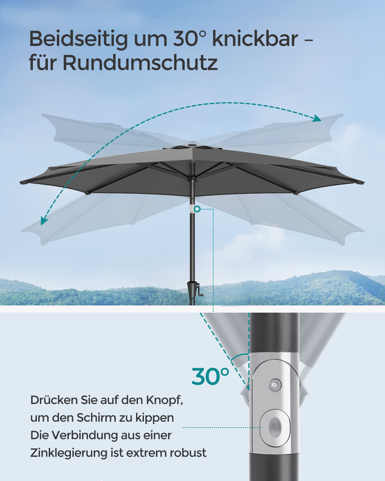 SONGMICS Gartenschirm Ø 300 cm, Marktschirm, UV-Schutz bis UPF 50+, Terrassenschirm klappbar mit Kurbel, ohne Ständer, Garten, Balkon, Terrasse, grau GPU30GYV1
