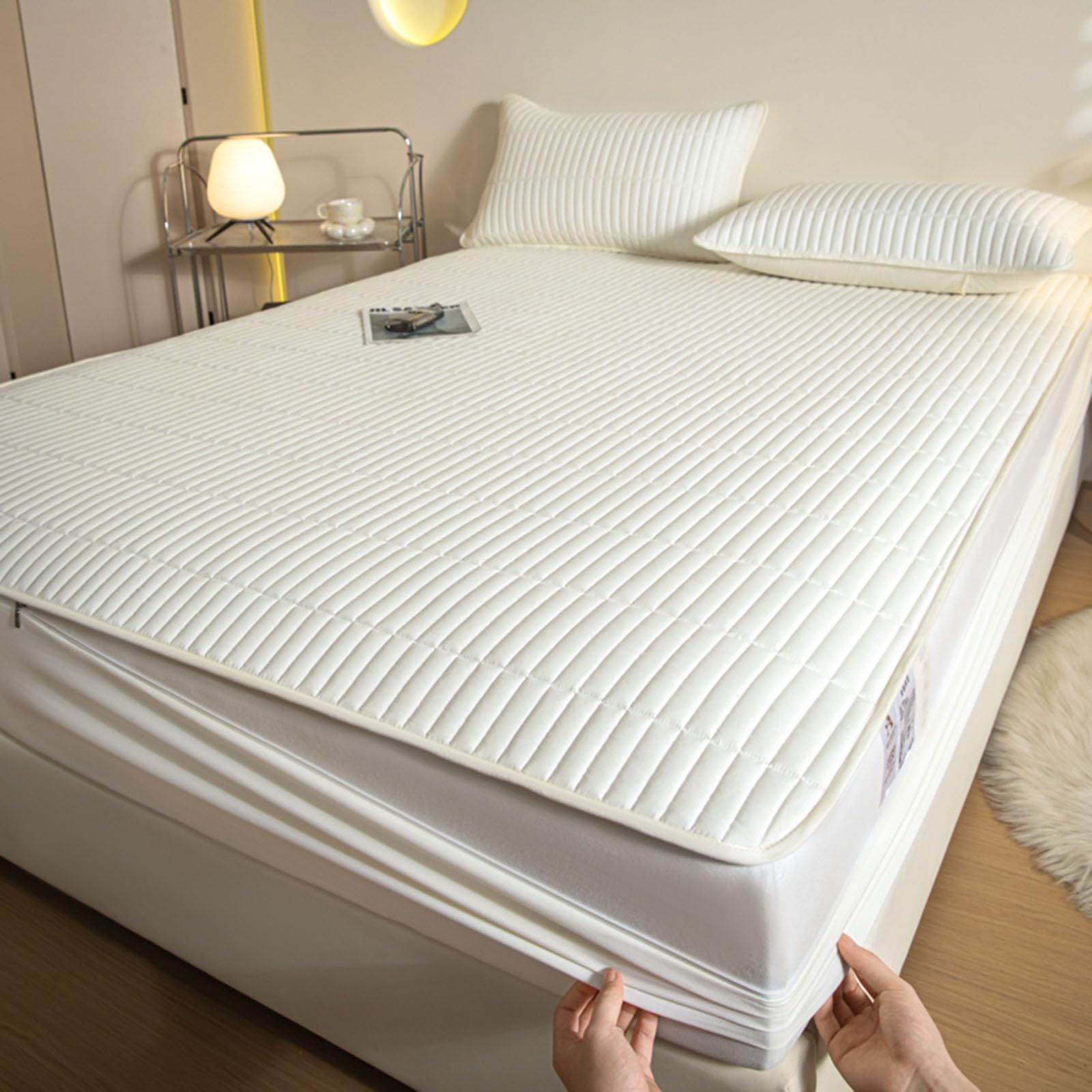 Coprimaterasso trapuntato, traspirante, personalizzabile, tutto incluso, lavabile, protezione a 360°, per letto singolo, matrimoniale, king size (bianco, 160 x 190 + 22 cm)