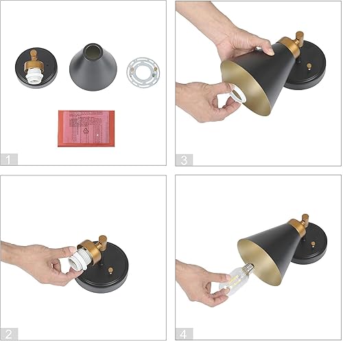 Miniatura 8 de Aplique de pared, 1 aplique de pared negro y dorado, lámpara moderna de pared de granja con pantalla de metal para dormitorio, sala de estar,