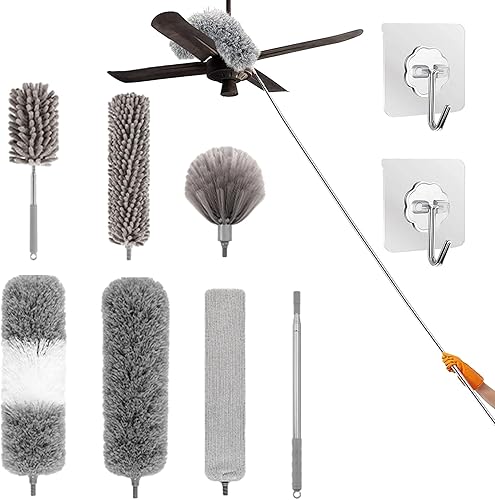 Plumero de microfibra curvada retráctil lavable, plumero de microfibra con poste de extensión, plumero de plumas de microfibra, reutilizable,