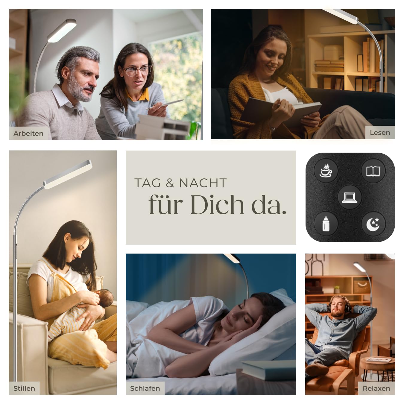 tectake® LED Stehlampe, Schwanenhals Lampe, Standleuchte dimmbar, modern, mit 5 Lichtmodi, Beleuchtung für Wohnzimmer, Kinderzimmer, Bett, als Leselampe oder Schreibtischlampe - silber